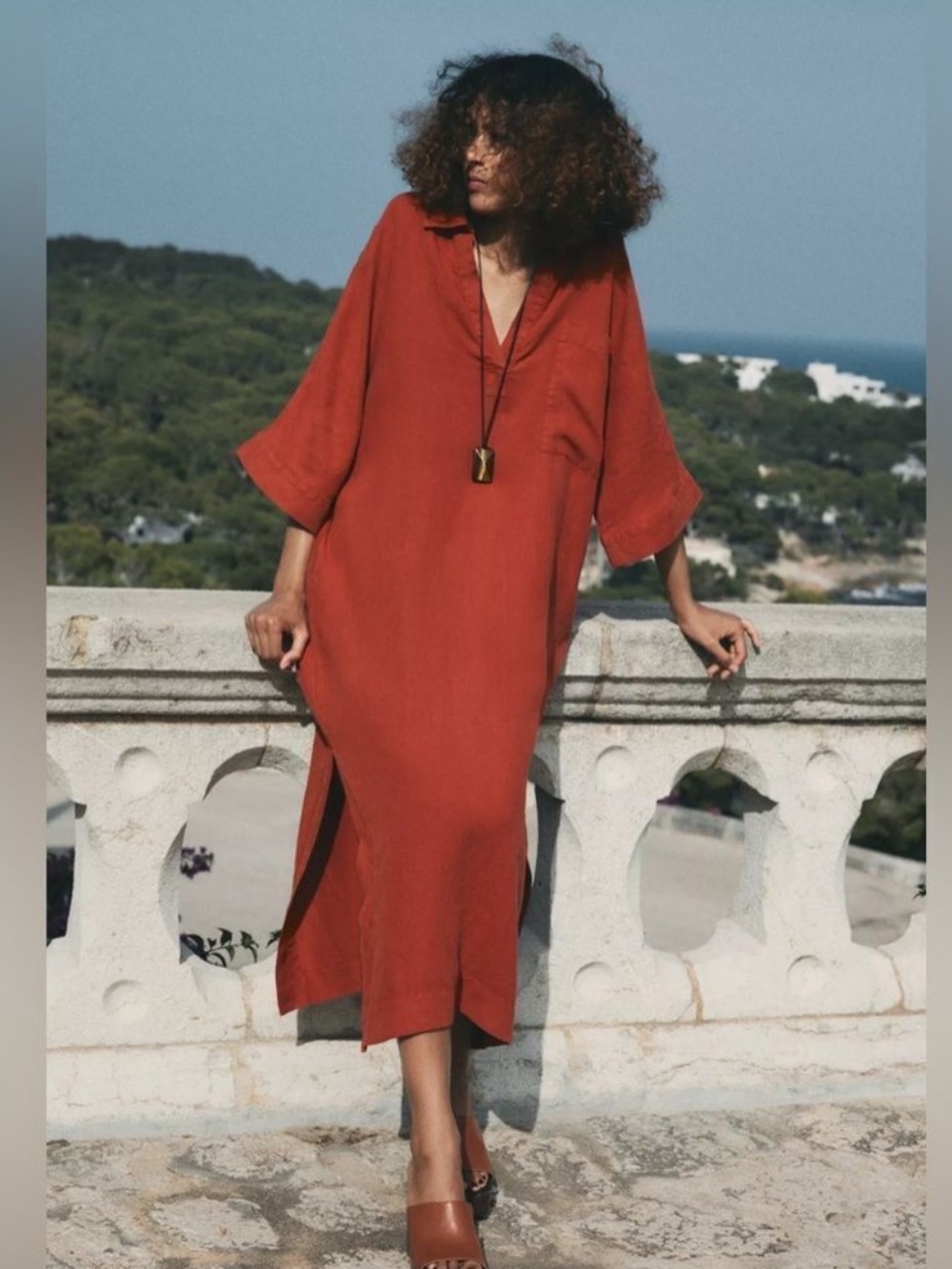 Zara Rust 100% Linen Midi Kaftan Dress